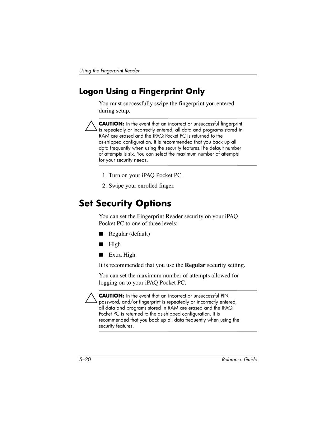 HP QuickSpecs h5400 manual Set Security Options, Logon Using a Fingerprint Only 