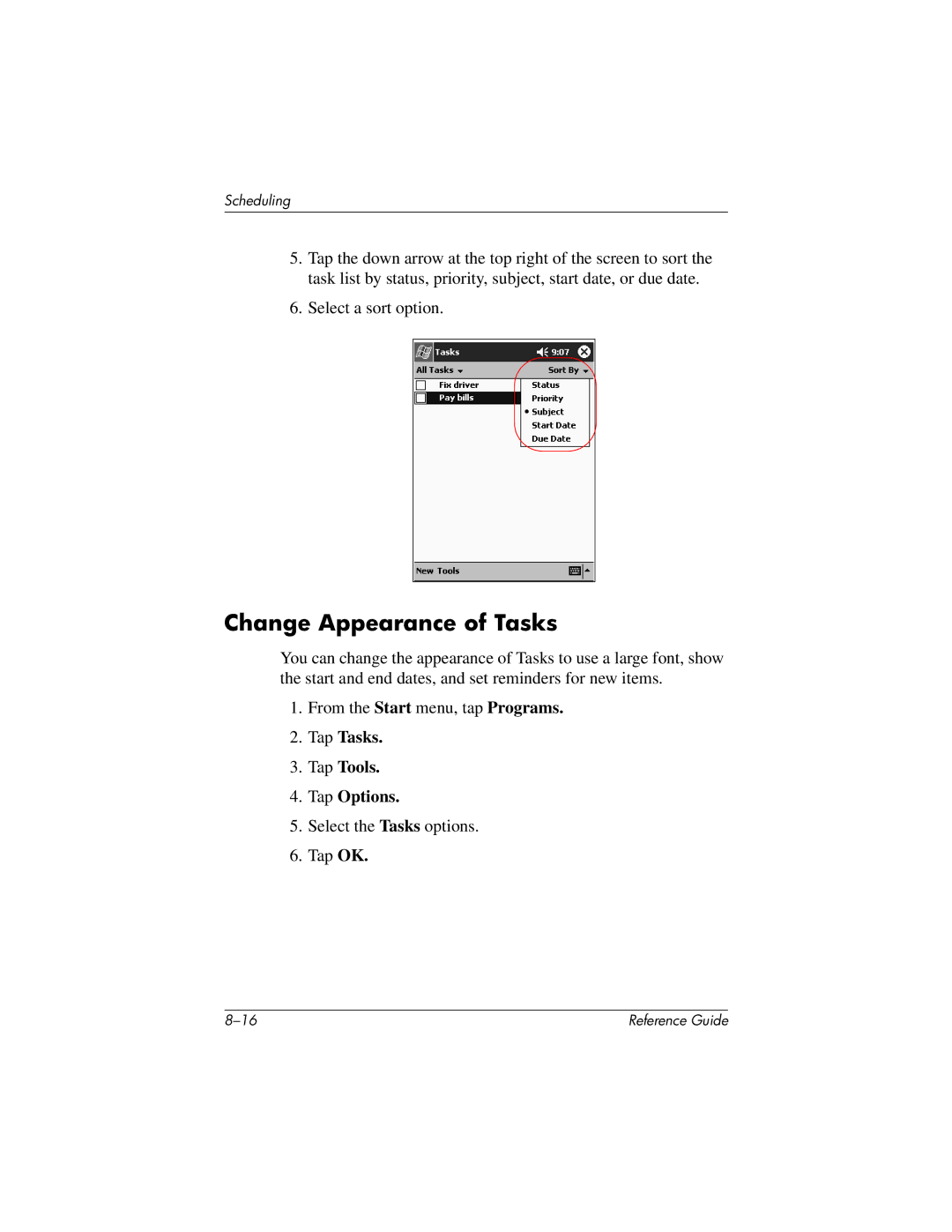 HP QuickSpecs h5400 manual Change Appearance of Tasks, Tap Tasks Tap Tools Tap Options 