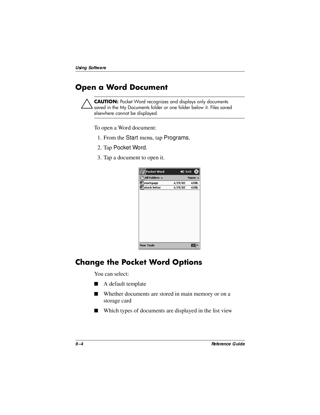 HP QuickSpecs h5400 manual Open a Word Document, Change the Pocket Word Options 