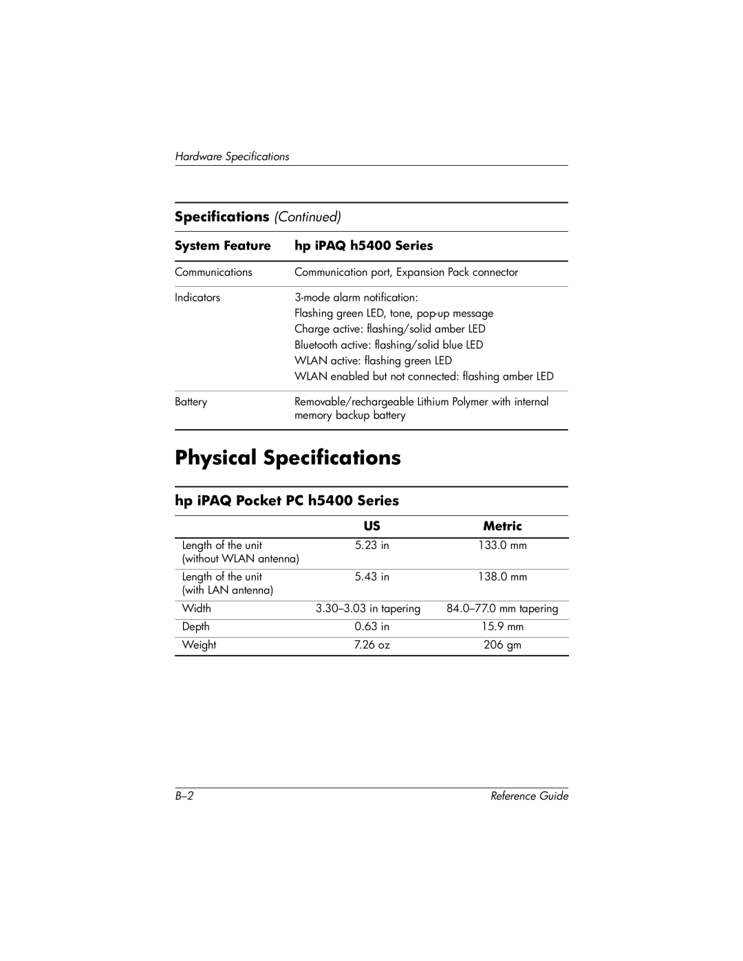 HP QuickSpecs h5400 manual Physical Specifications, Hp iPAQ Pocket PC h5400 Series 