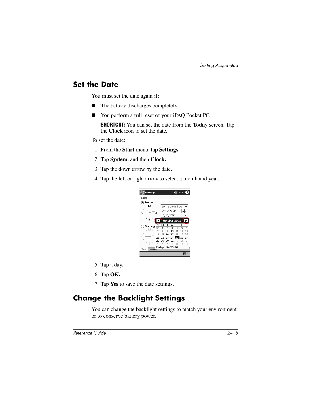 HP QuickSpecs h5400 manual Set the Date, Change the Backlight Settings 