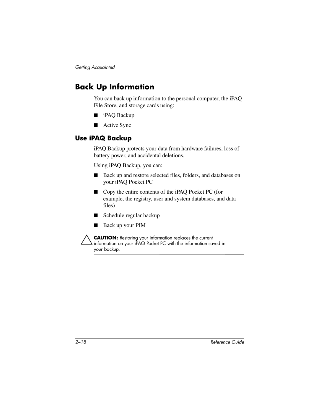 HP QuickSpecs h5400 manual Back Up Information, Use iPAQ Backup 