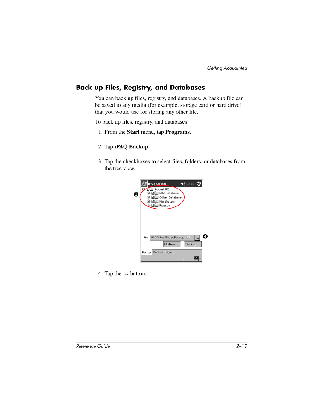 HP QuickSpecs h5400 manual Back up Files, Registry, and Databases, Tap iPAQ Backup 