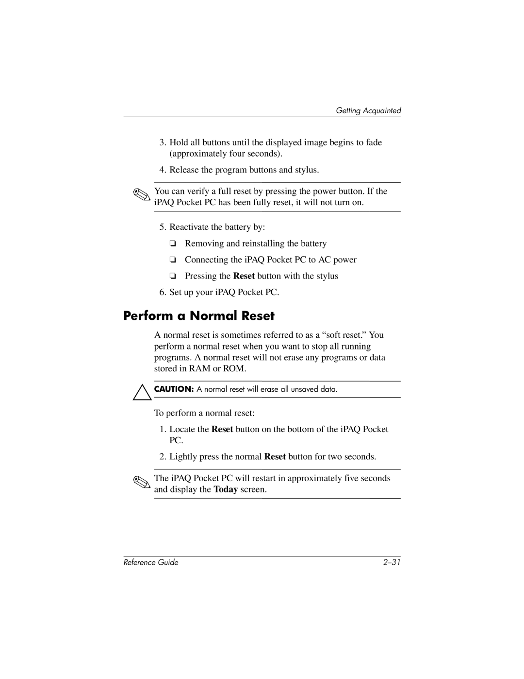 HP QuickSpecs h5400 manual Perform a Normal Reset 