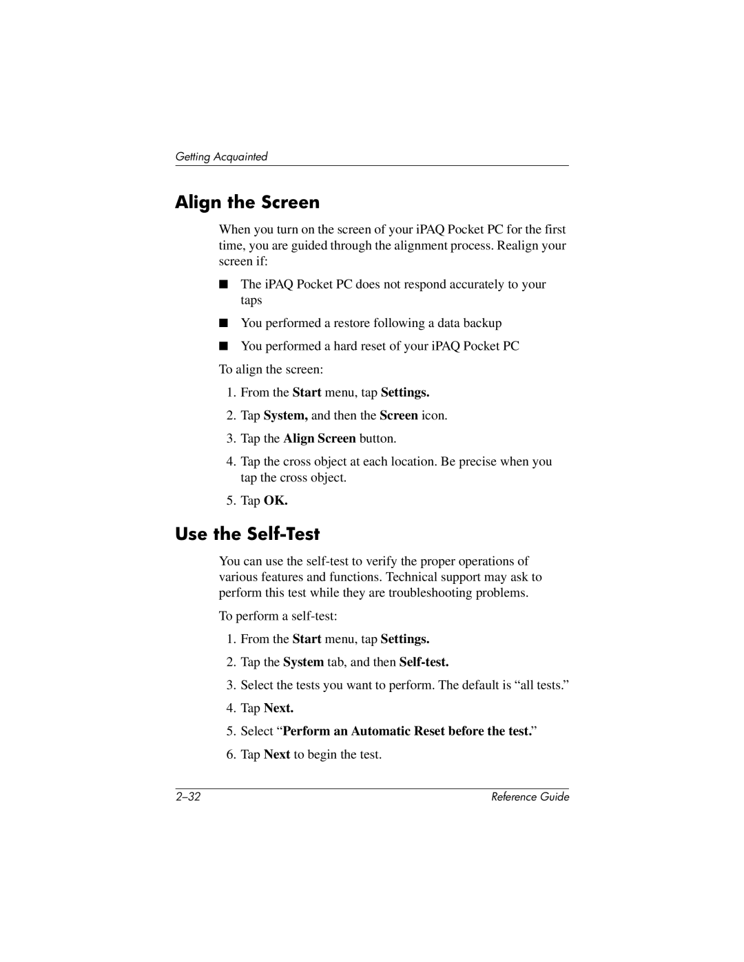 HP QuickSpecs h5400 manual Align the Screen, Use the Self-Test, Tap Next Select Perform an Automatic Reset before the test 