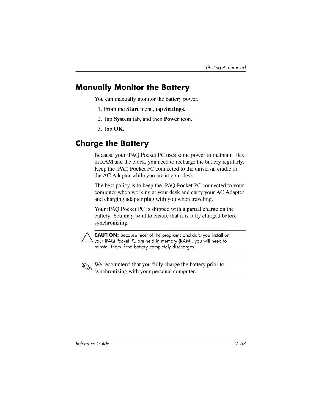 HP QuickSpecs h5400 manual Manually Monitor the Battery, Charge the Battery 