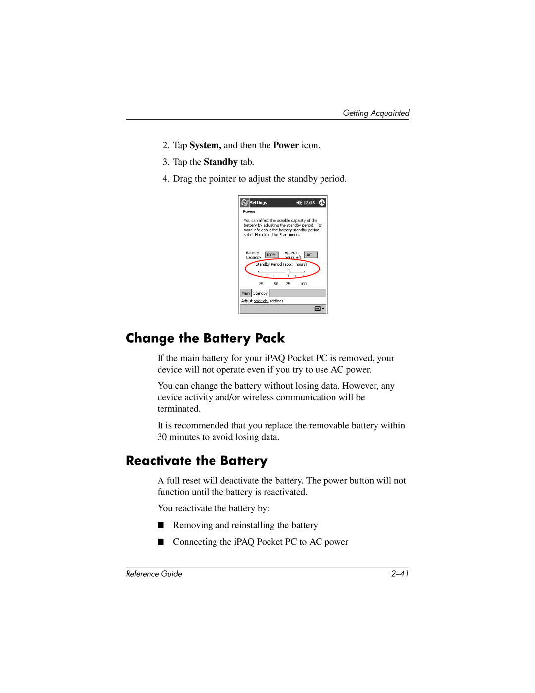 HP QuickSpecs h5400 manual Change the Battery Pack, Reactivate the Battery 