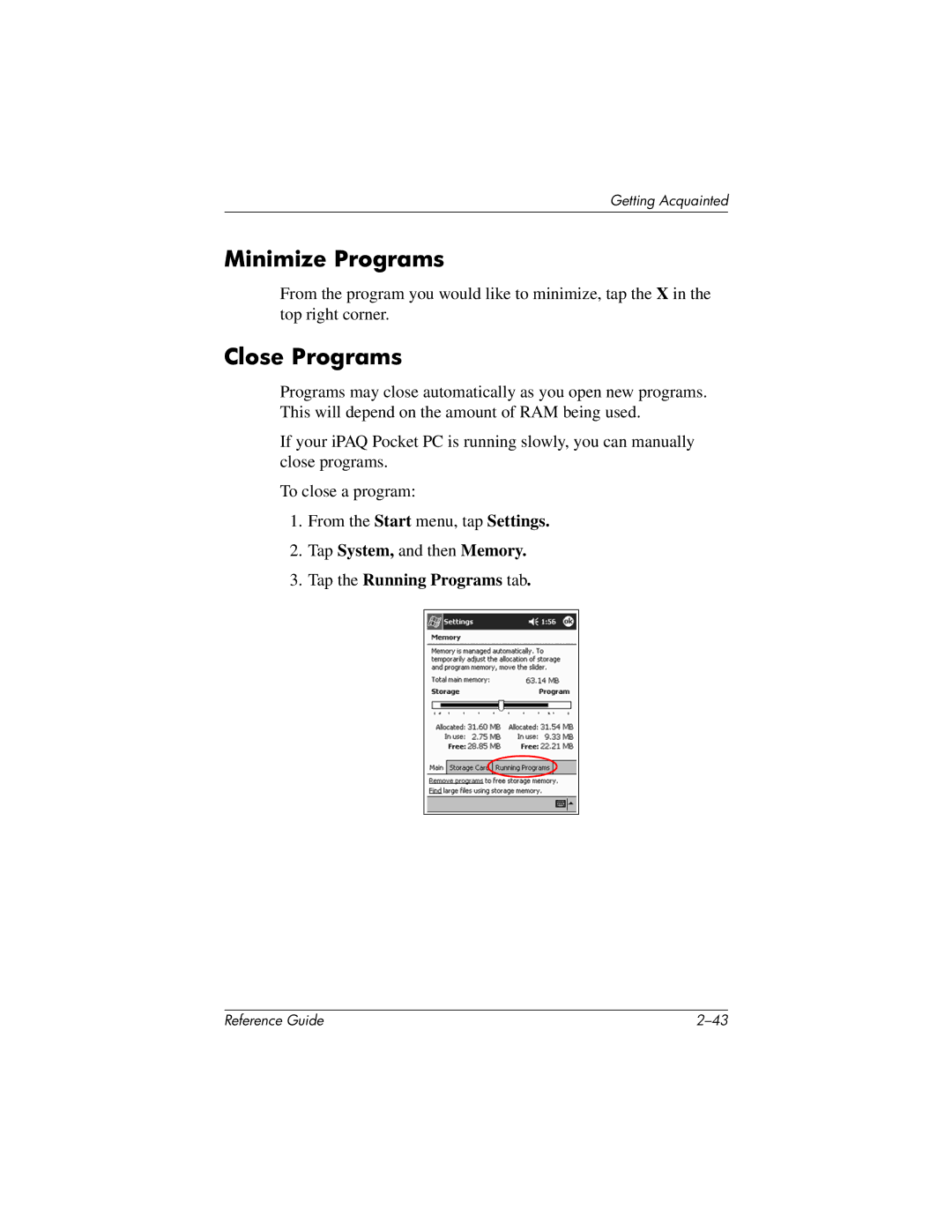 HP QuickSpecs h5400 manual Minimize Programs, Close Programs, Tap System, and then Memory Tap the Running Programs tab 