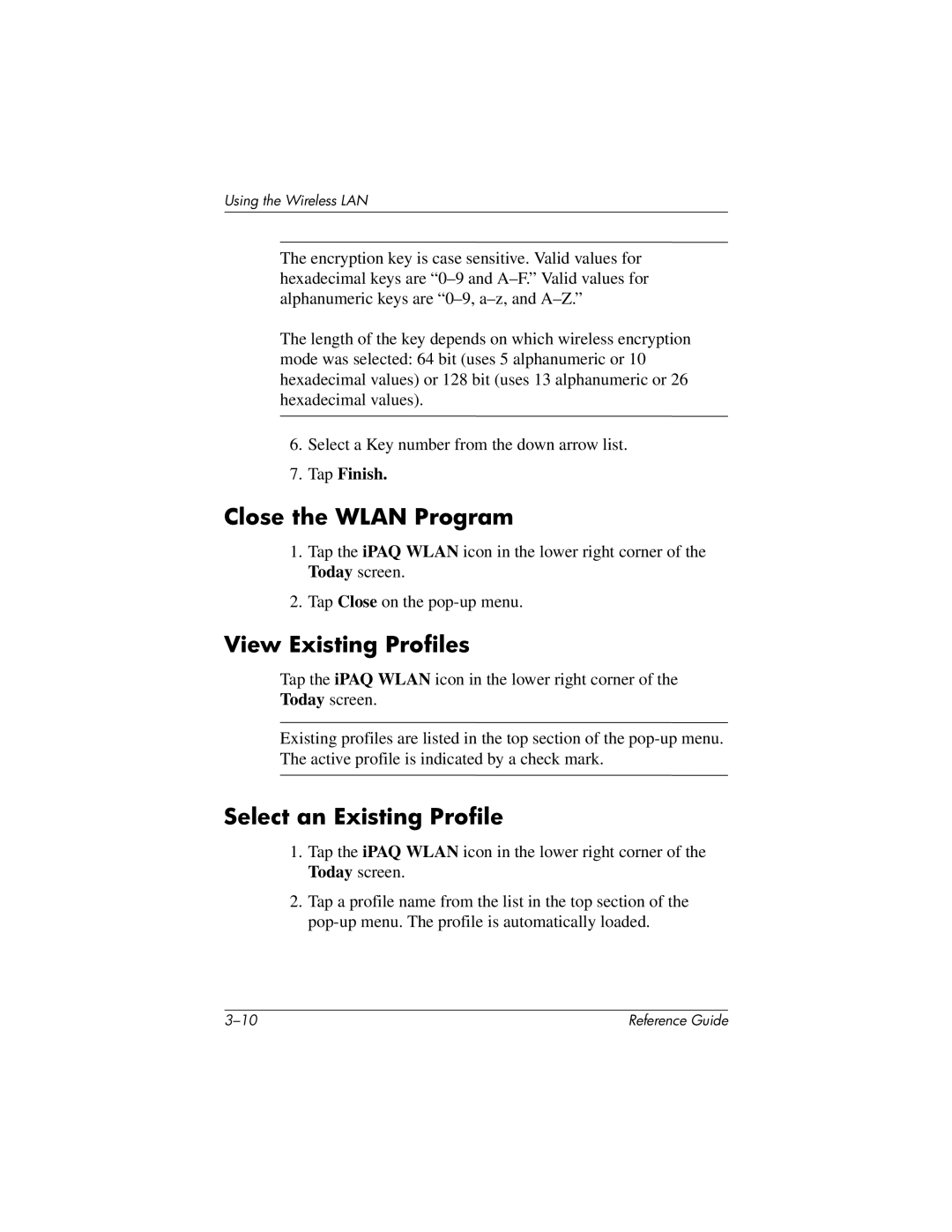 HP QuickSpecs h5400 manual Close the Wlan Program, View Existing Profiles, Select an Existing Profile 