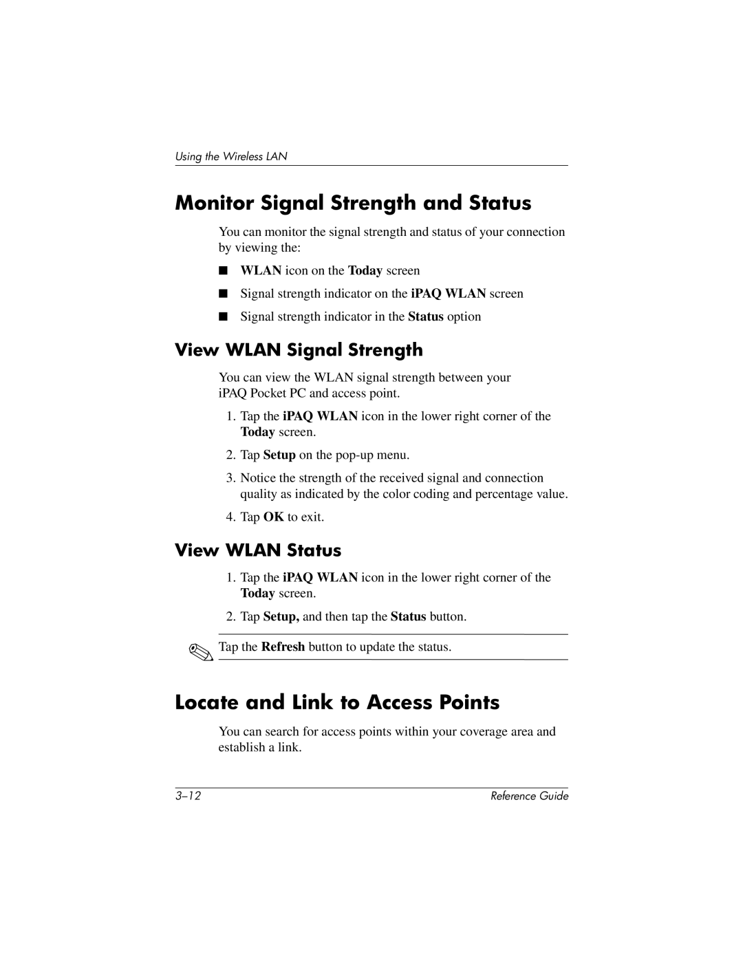 HP QuickSpecs h5400 manual Monitor Signal Strength and Status, Locate and Link to Access Points, View Wlan Signal Strength 