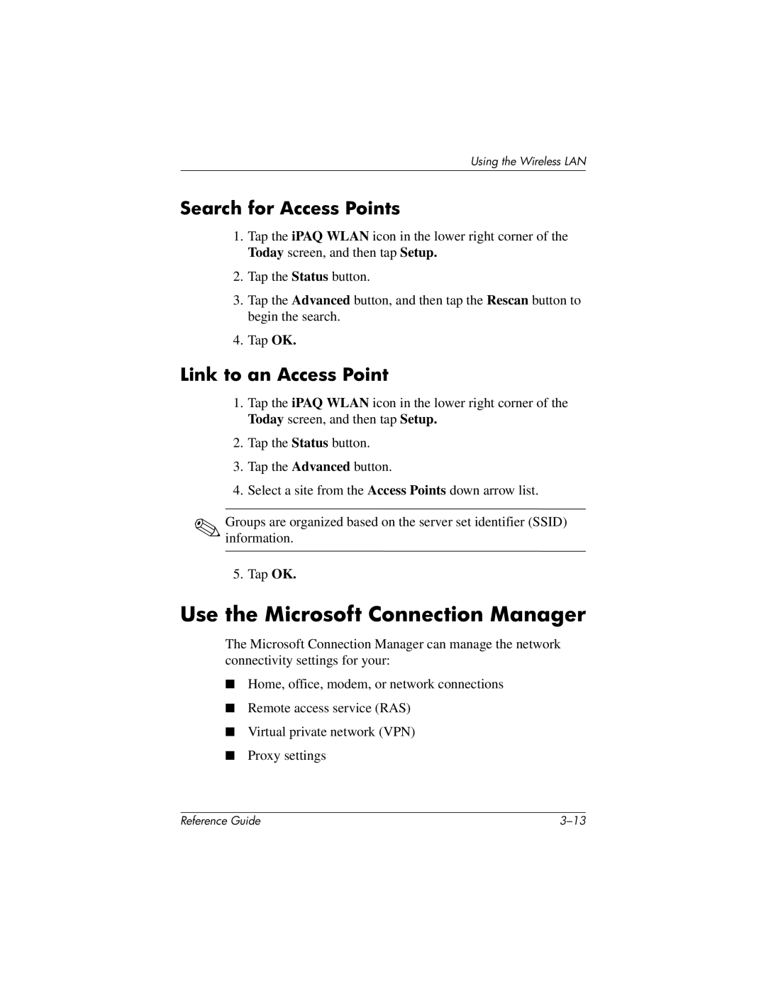 HP QuickSpecs h5400 manual Use the Microsoft Connection Manager, Search for Access Points, Link to an Access Point 