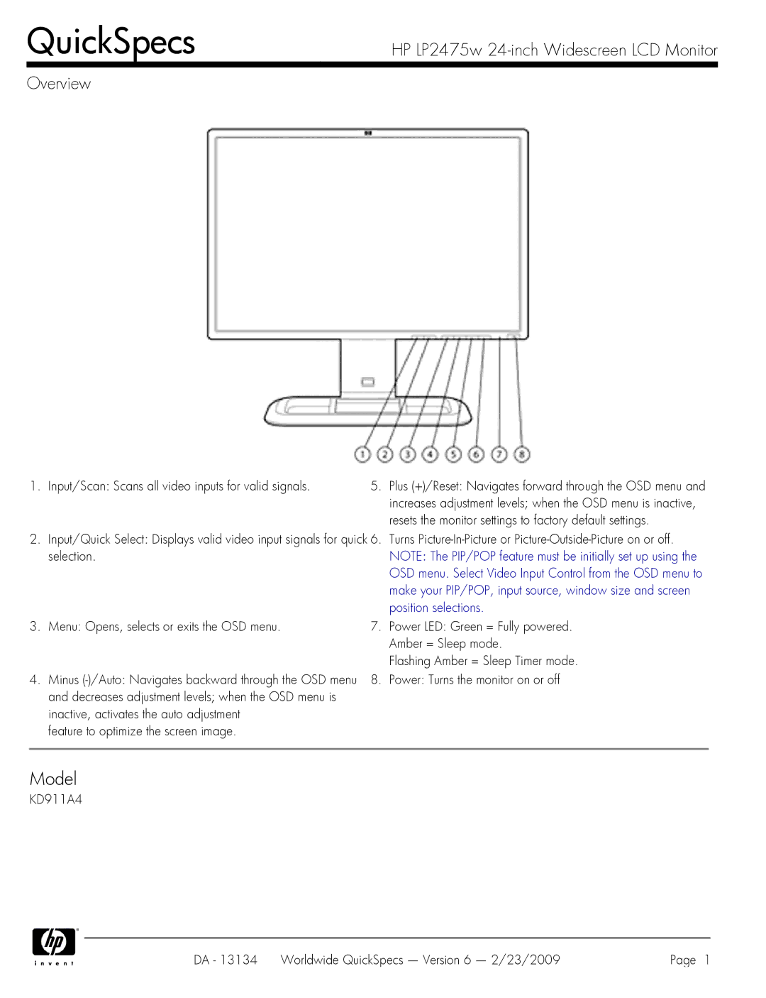 HP QUICKSPECS KD911A4 manual KD911A4 DA 13134 Worldwide QuickSpecs Version 6 2/23/2009 