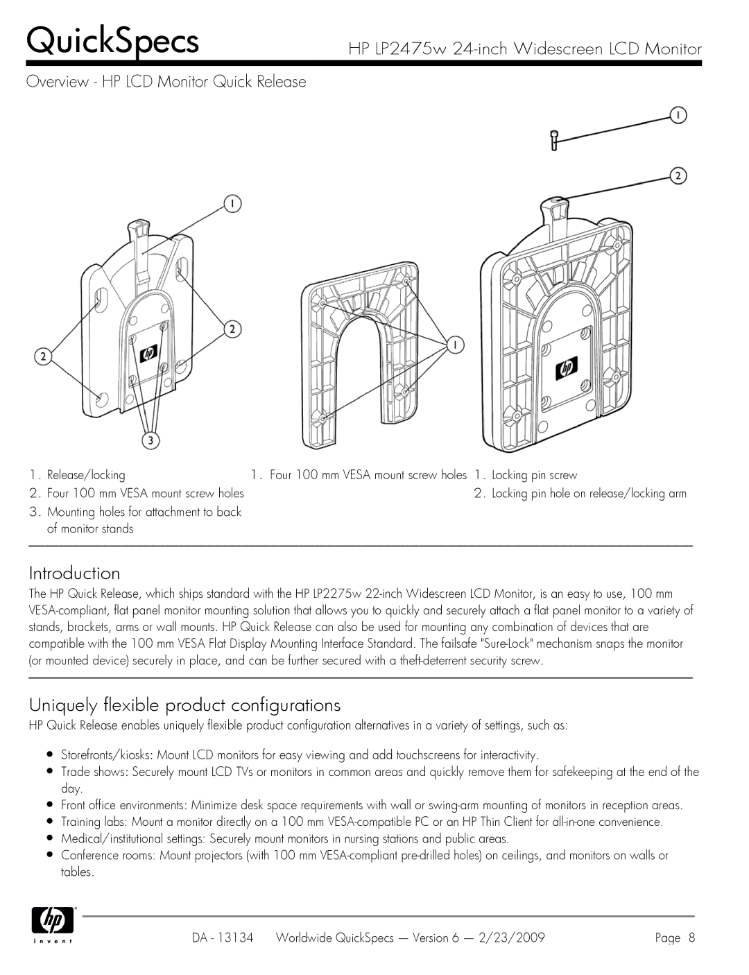 HP QUICKSPECS KD911A4 manual Release/locking, Locking pin screw, Mounting holes for attachment to back of monitor stands 