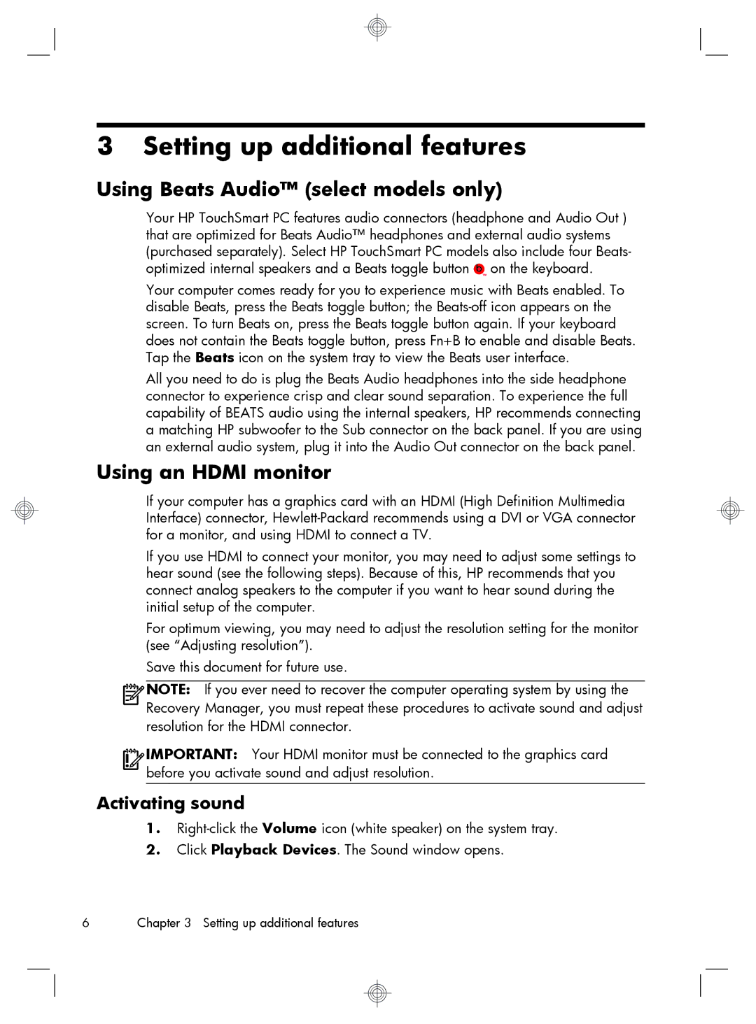 HP J8433A, QW694AA, H2M40AARABA Setting up additional features, Using Beats Audio select models only, Using an Hdmi monitor 