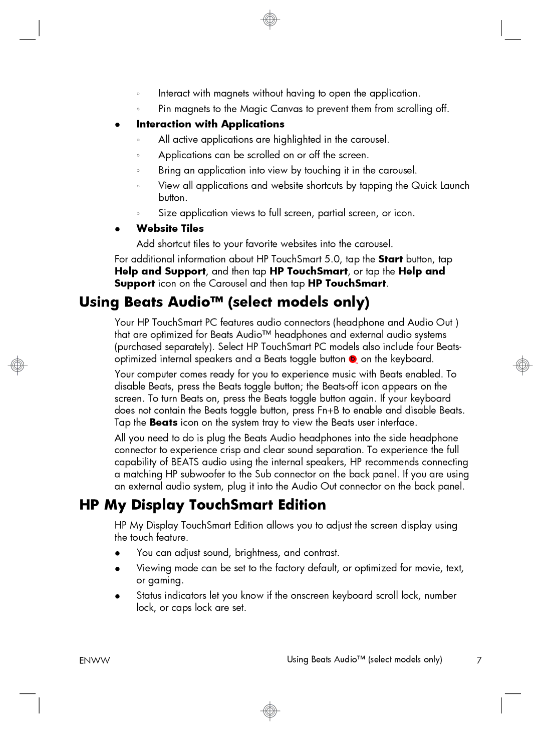 HP P7-1234, QW694AA, P7-1241, P7-1269c, H8-1237C manual Using Beats Audio select models only, HP My Display TouchSmart Edition 
