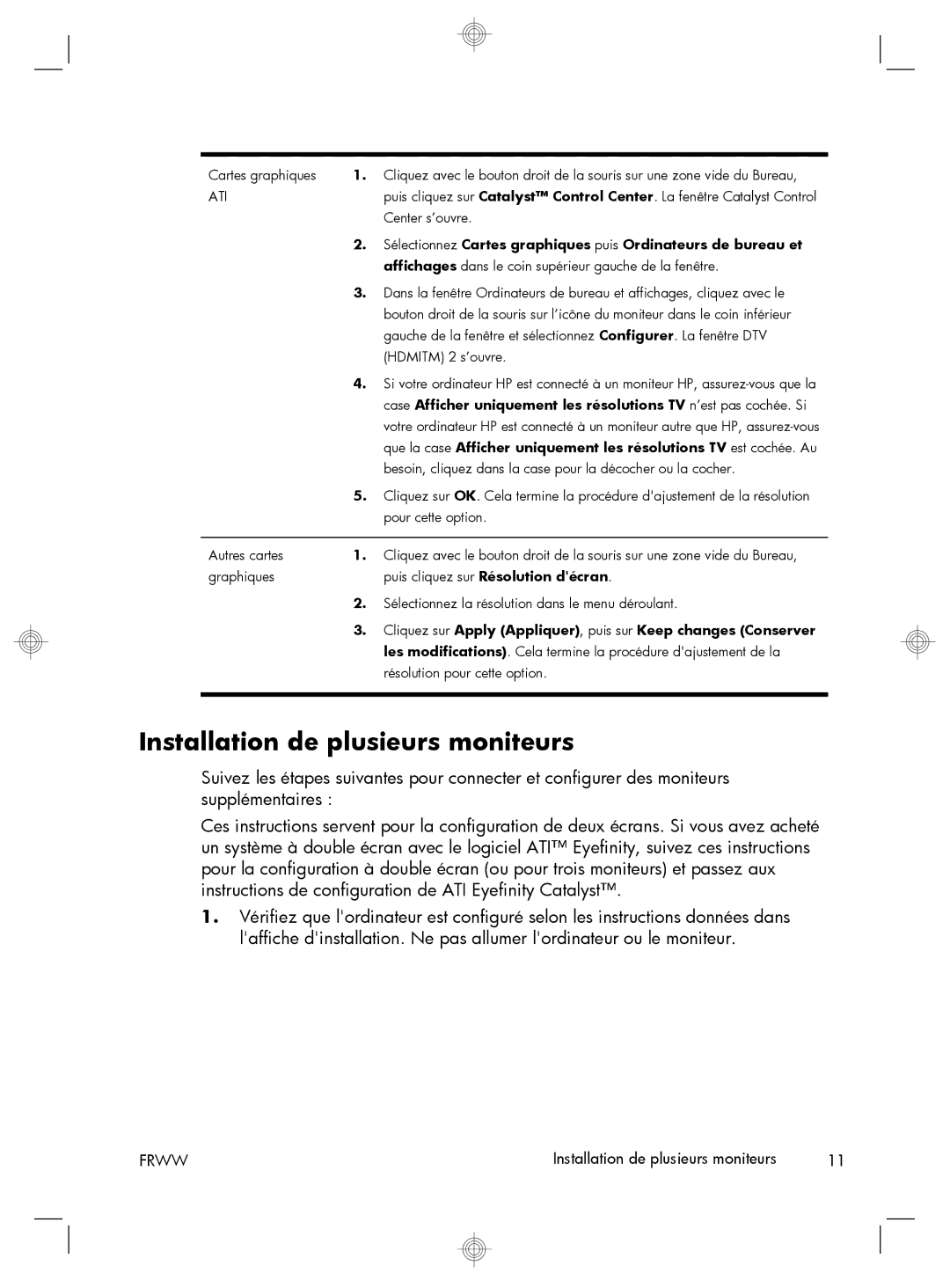 HP H2L87AA, QW694AA manual Installation de plusieurs moniteurs, Sélectionnez Cartes graphiques puis Ordinateurs de bureau et 