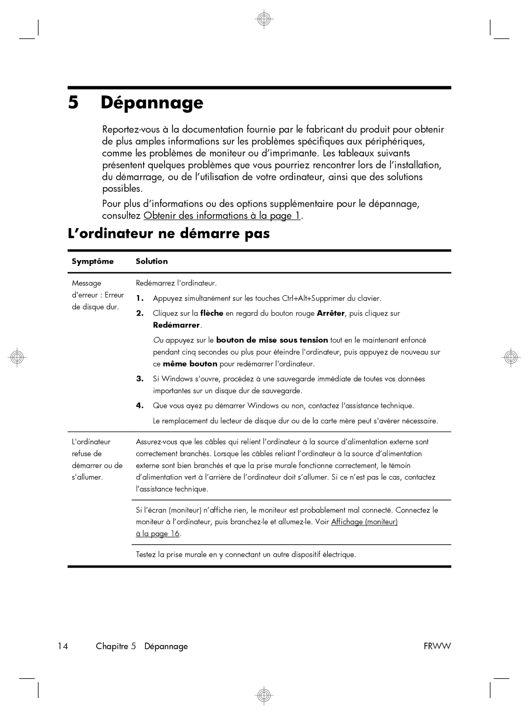 HP P7-1269c, QW694AA, P7-1241, P7-1234, H8-1237C, P7-1240, EH81220 Dépannage, ’ordinateur ne démarre pas, Symptôme Solution 