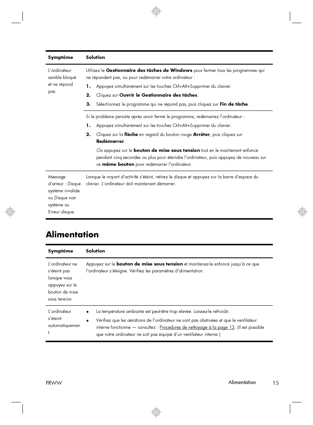 HP P7-1234, QW694AA, P7-1241, P7-1269c, H8-1237C manual Alimentation, Cliquez sur Ouvrir le Gestionnaire des tâches, Redémarrer 