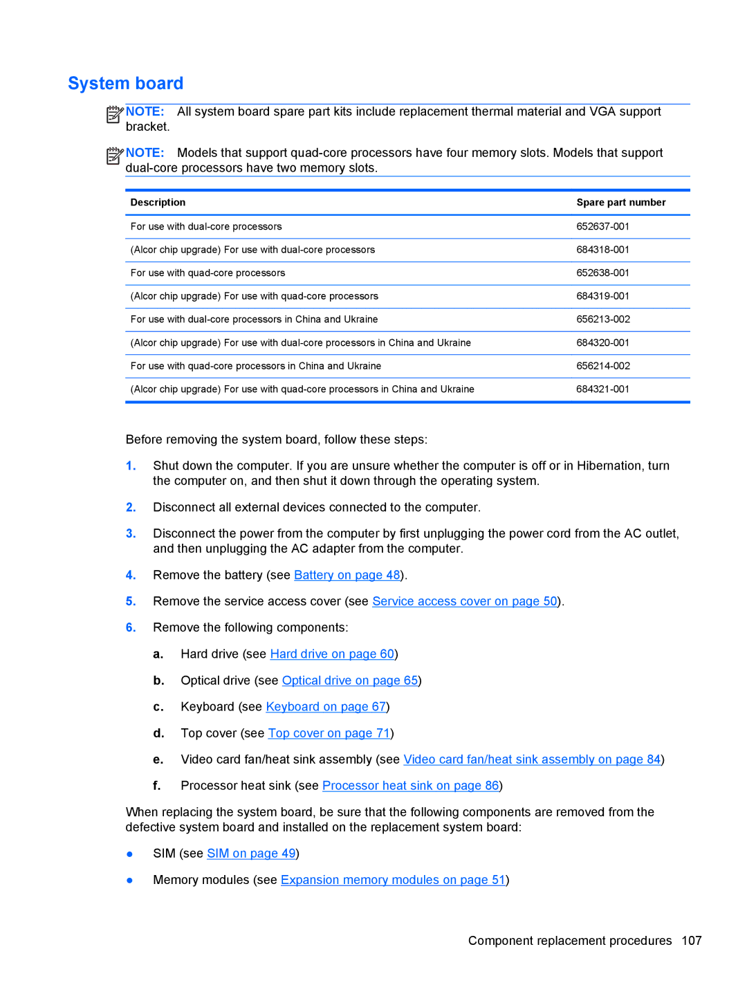 HP QX882US manual System board, Description Spare part number 