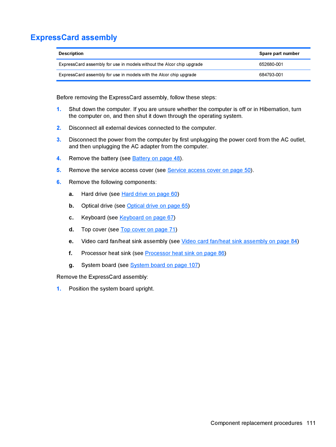 HP QX882US manual ExpressCard assembly, Description Spare part number 