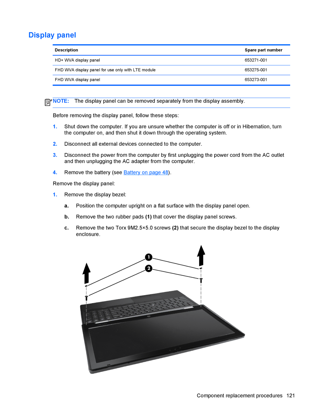 HP QX882US manual Display panel, Description Spare part number 