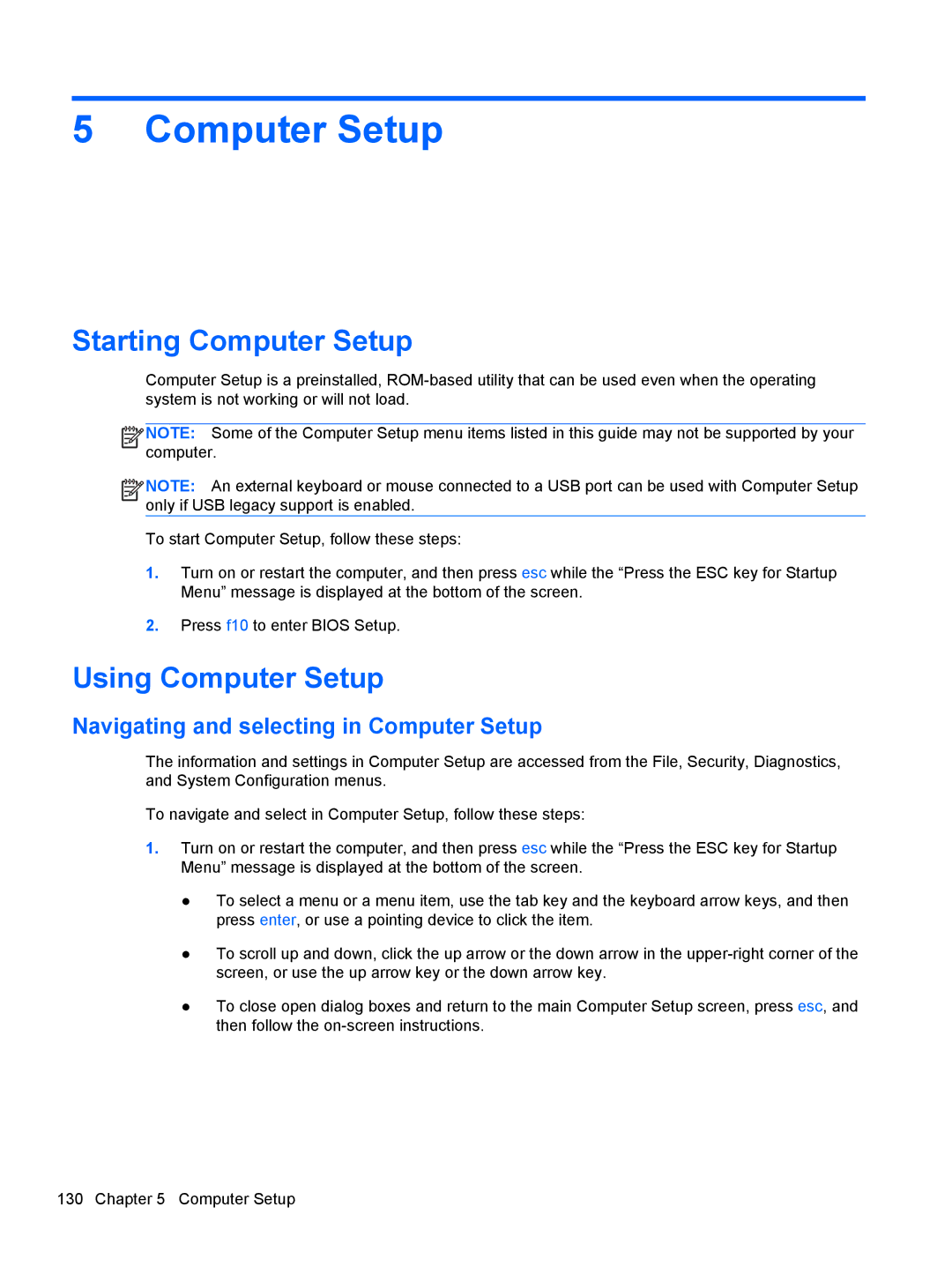 HP QX882US manual Starting Computer Setup, Using Computer Setup, Navigating and selecting in Computer Setup 