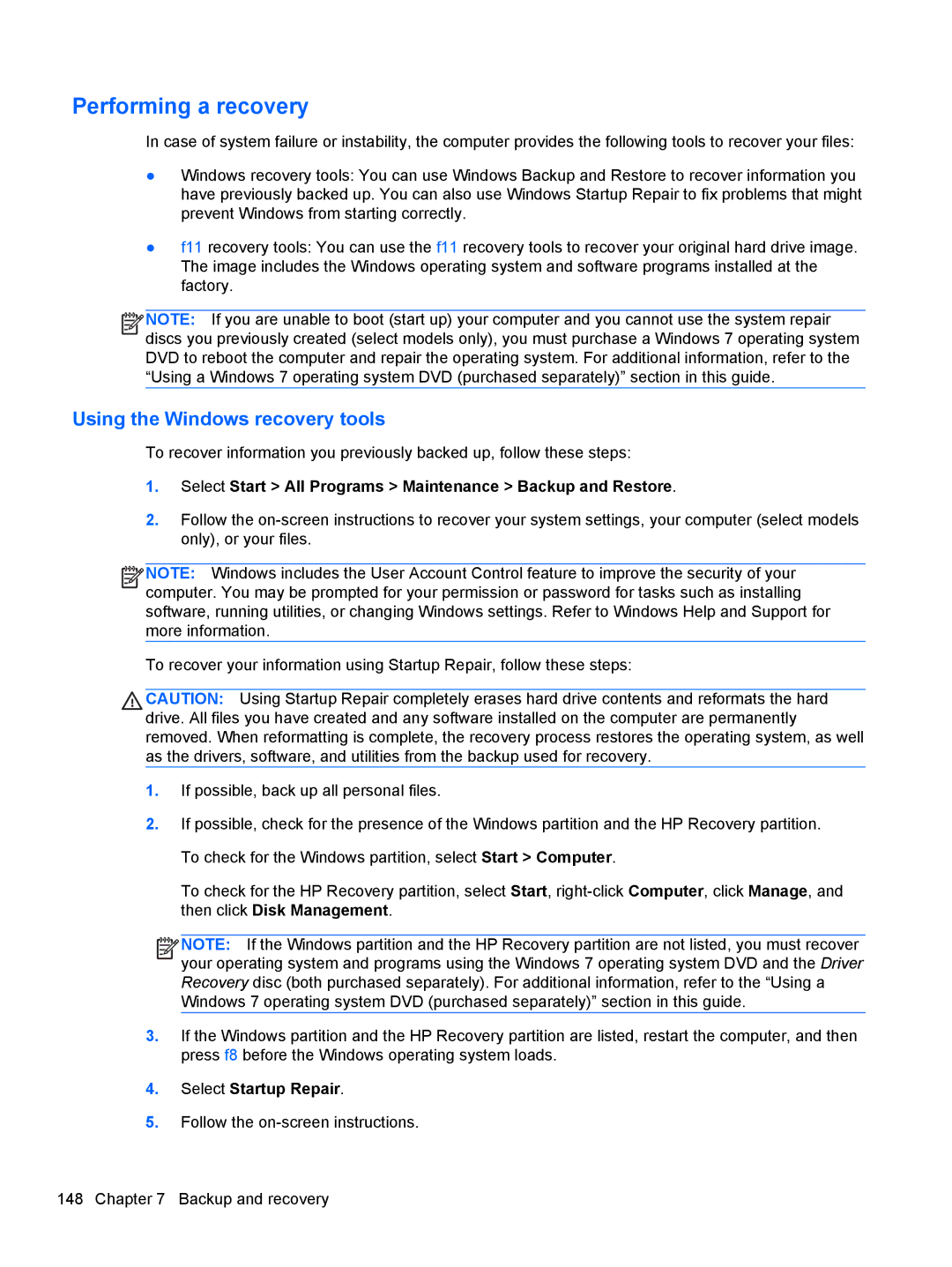 HP QX882US manual Performing a recovery, Using the Windows recovery tools 