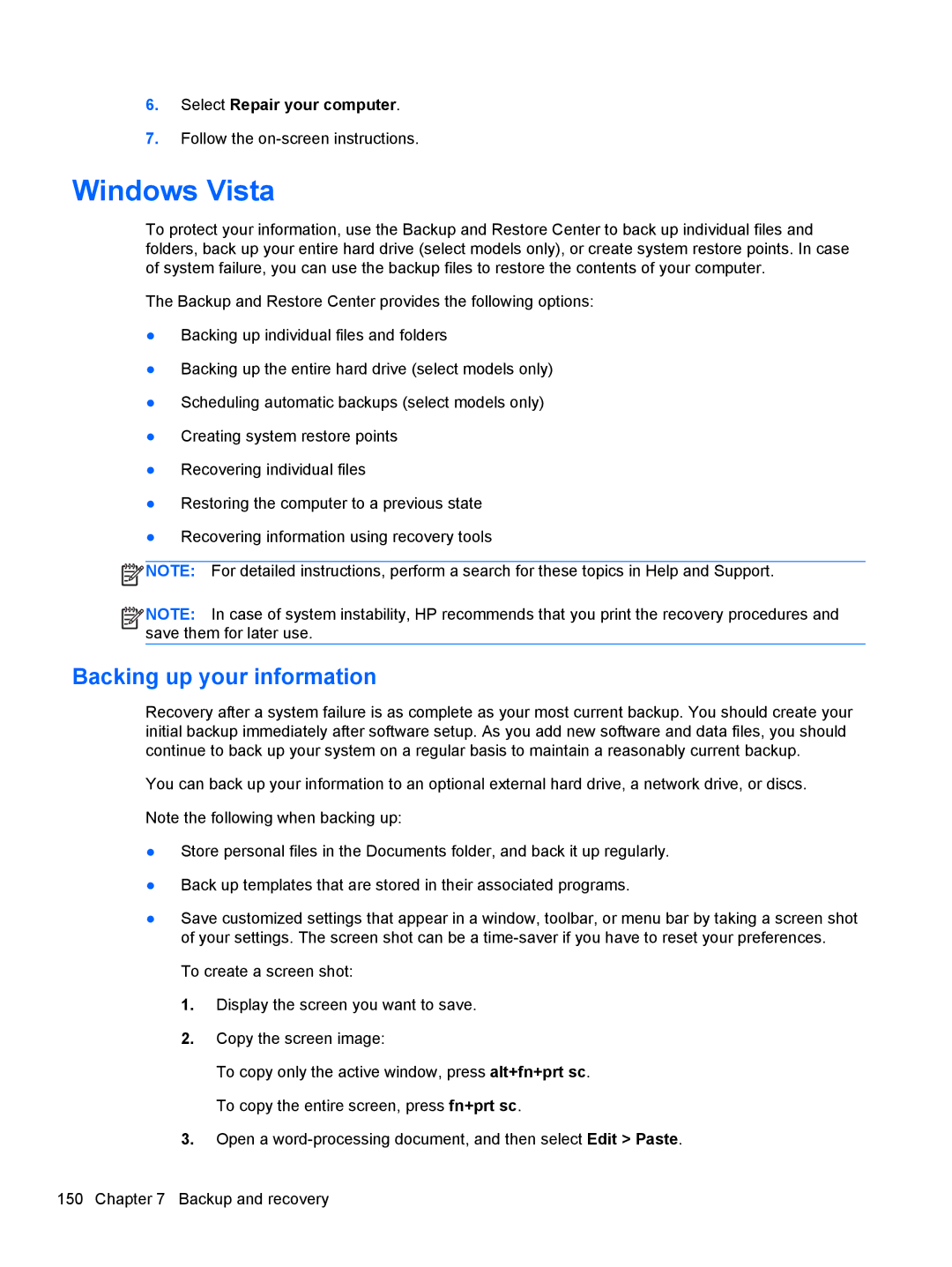 HP QX882US manual Windows Vista, Backing up your information 