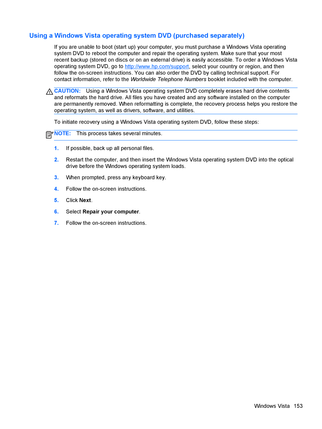 HP QX882US manual Follow the on-screen instructions Windows Vista 