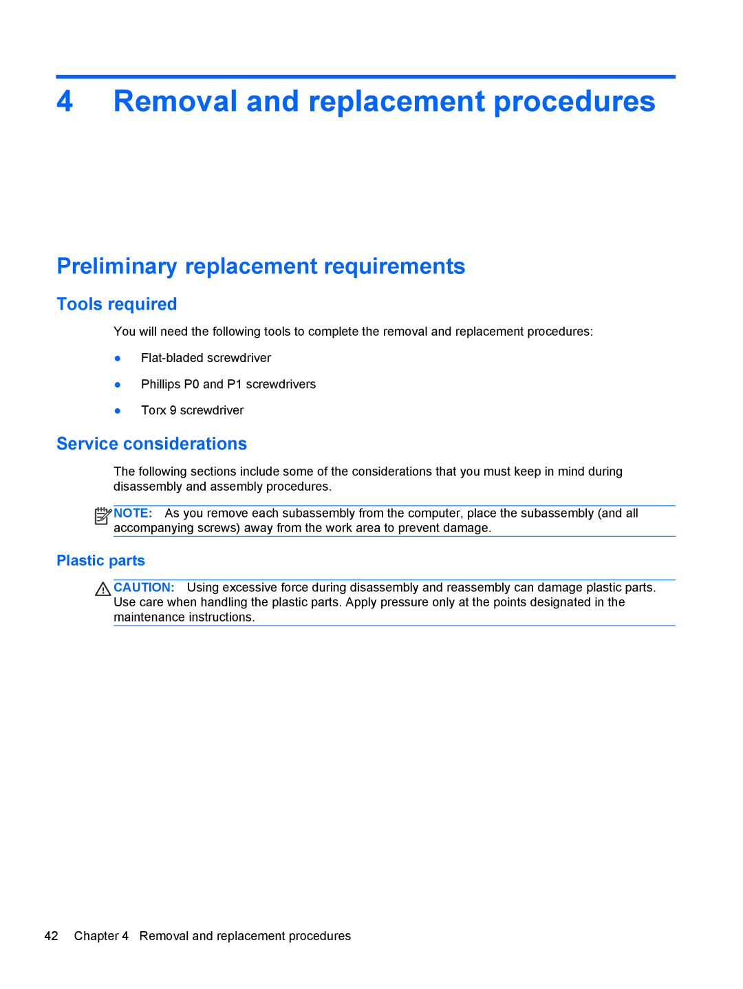 HP QX882US manual Preliminary replacement requirements, Tools required, Service considerations 