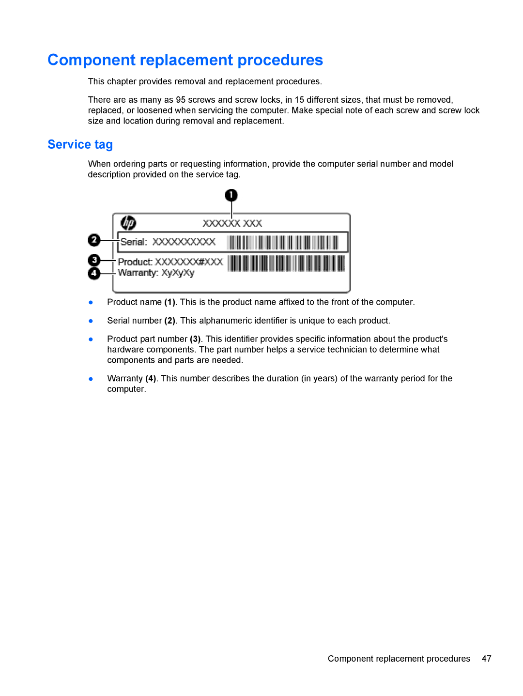 HP QX882US manual Component replacement procedures, Service tag 