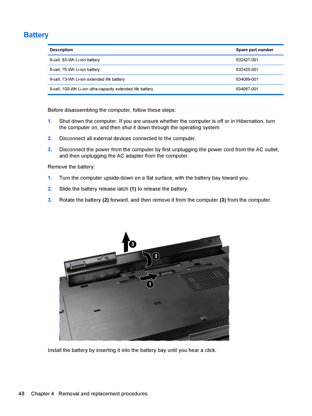 HP QX882US manual Battery, Description Spare part number 