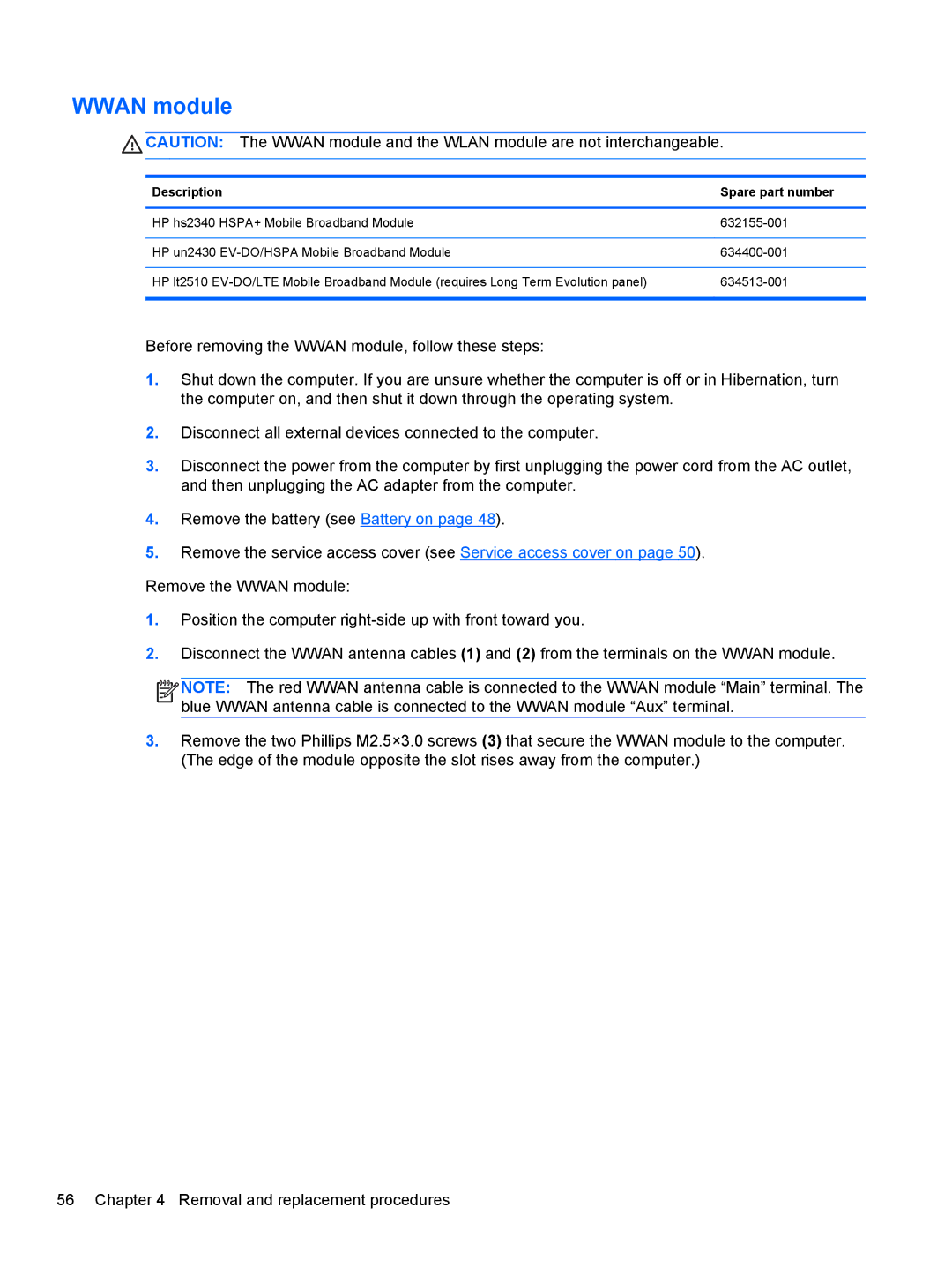 HP QX882US manual Wwan module 