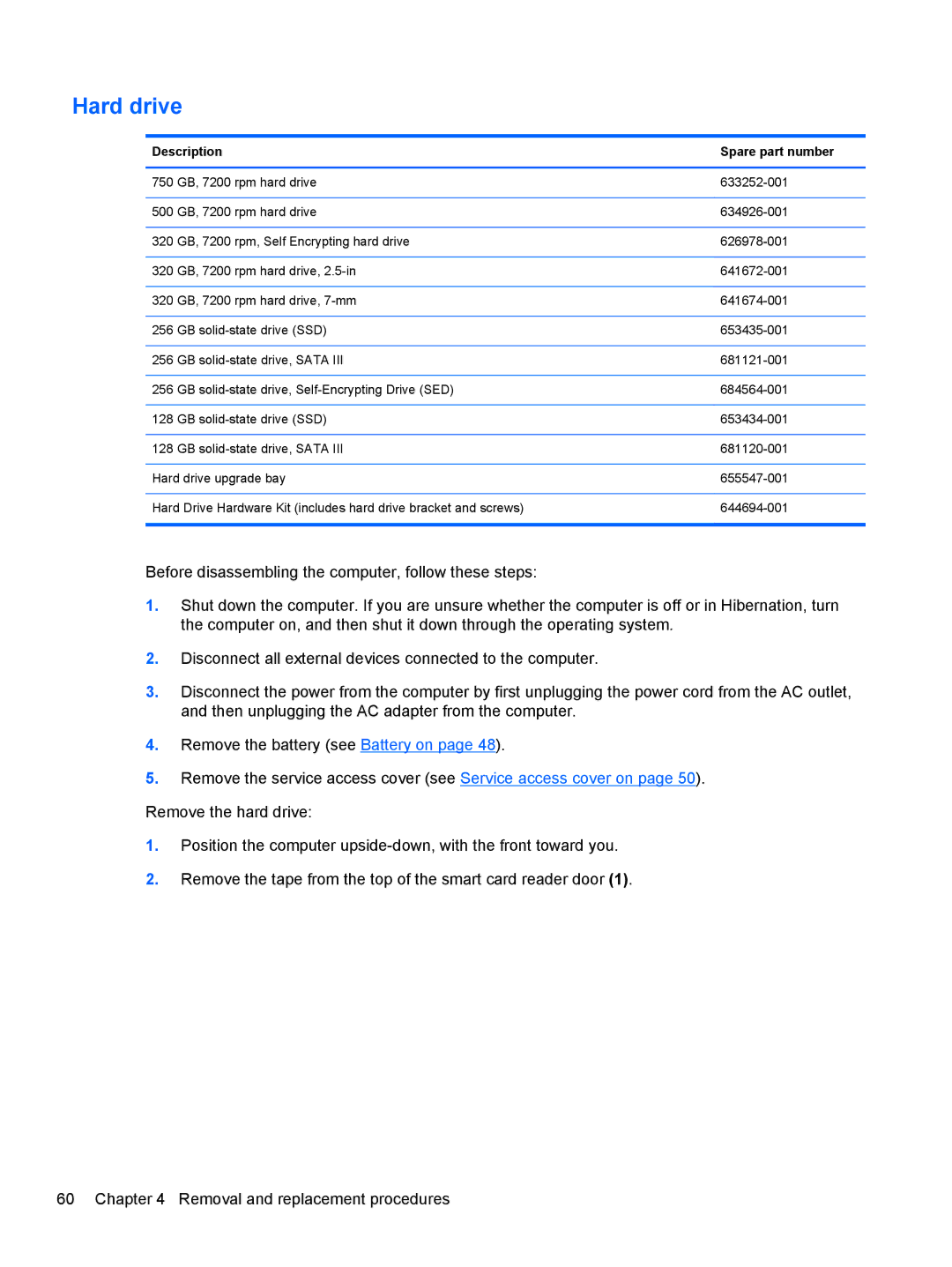 HP QX882US manual Hard drive, Description Spare part number 