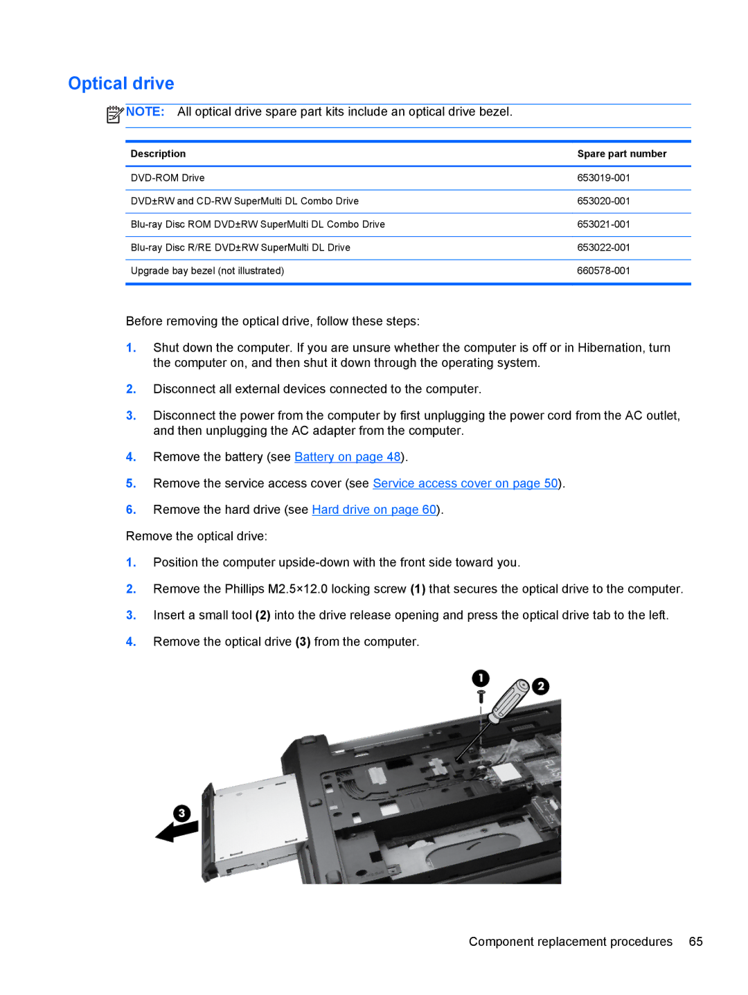 HP QX882US manual Optical drive, Description Spare part number 