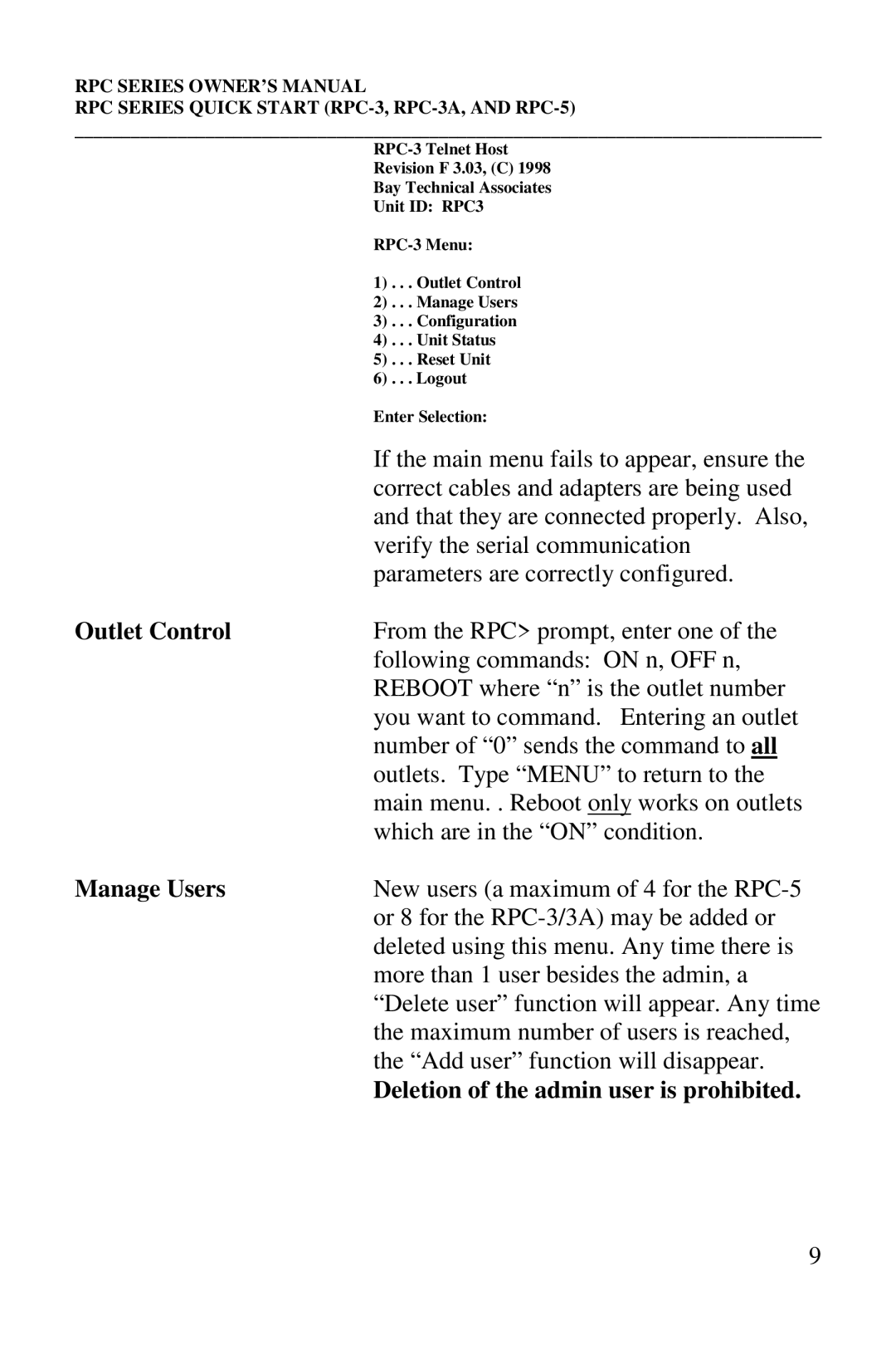 HP R-2 MD01, R-2A, R-3A, R-2 RDR manual Outlet Control, Manage Users, Deletion of the admin user is prohibited 