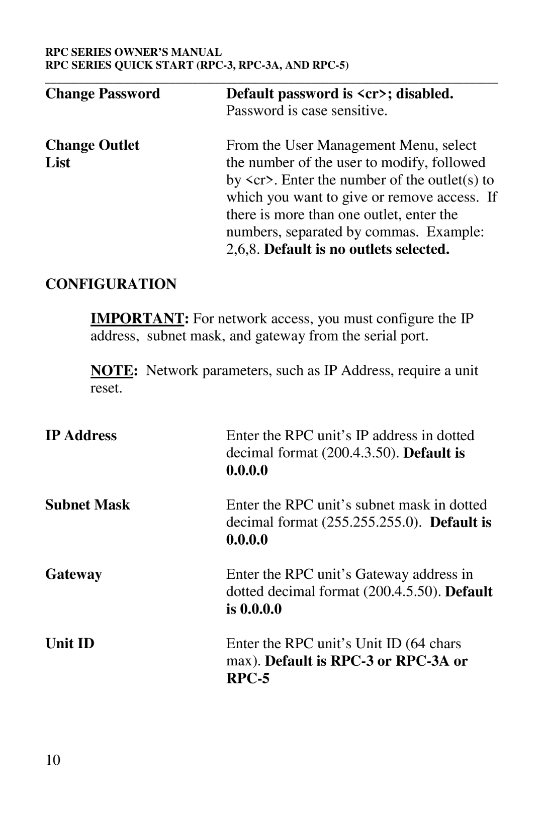 HP R-3A, R-2A Change Password Default password is cr disabled, Change Outlet, List, Default is no outlets selected, RPC-5 