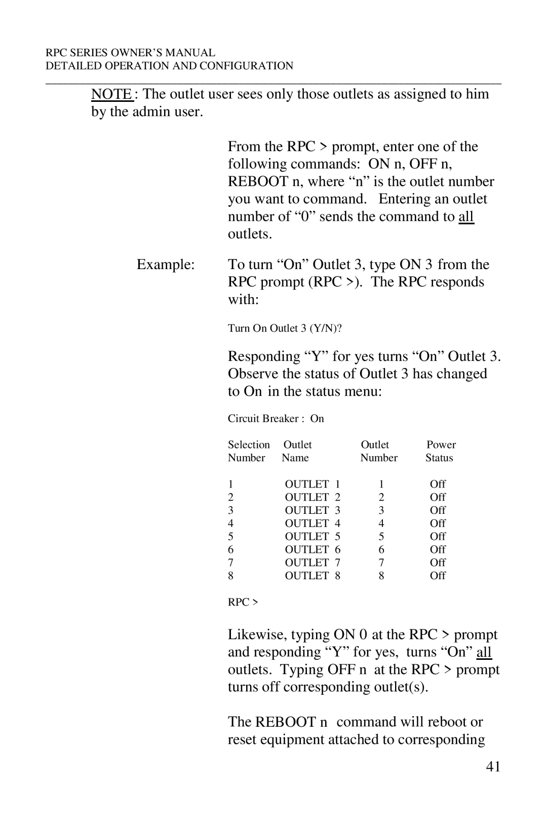 HP R-2A Responding Y for yes turns On Outlet, Observe the status of Outlet 3 has changed, To On in the status menu 