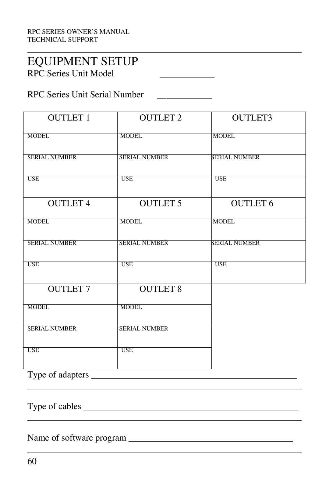 HP R-3A, R-2A, R-2 MD01, R-2 RDR manual Equipment Setup, RPC Series Unit Model RPC Series Unit Serial Number, Outlet OUTLET3 