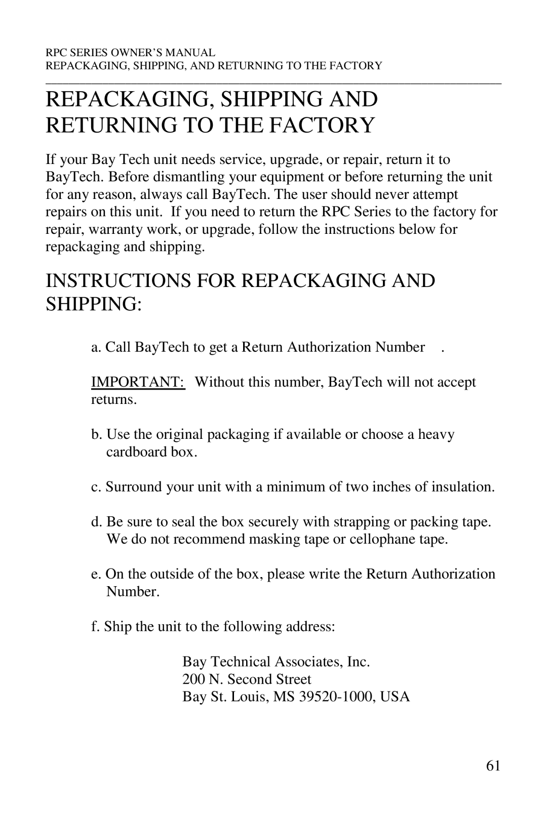 HP R-2A, R-2 MD01, R-3A REPACKAGING, Shipping and Returning to the Factory, Instructions for Repackaging and Shipping 