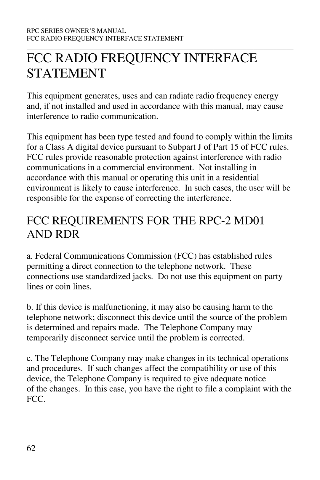 HP R-2 RDR, R-2A, R-2 MD01, R-3A manual FCC Radio Frequency Interface Statement, FCC Requirements for the RPC-2 MD01 and RDR 