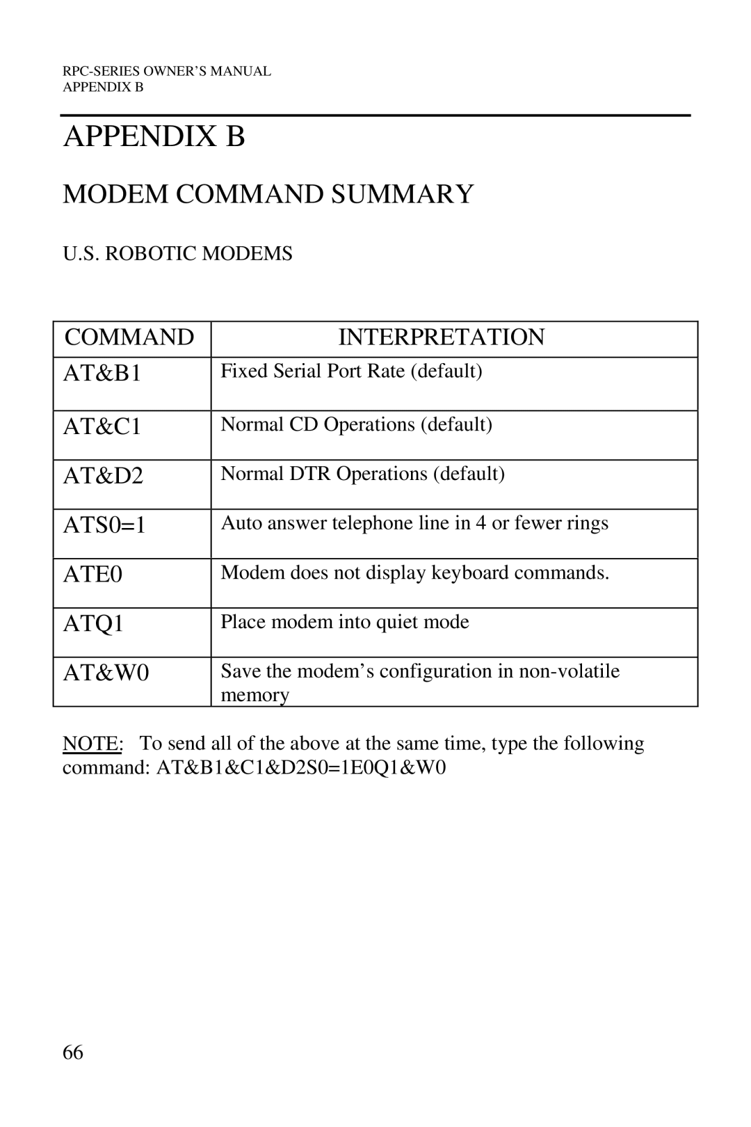 HP R-2A, R-2 MD01, R-3A, R-2 RDR manual Appendix B, Modem Command Summary, Robotic Modems 