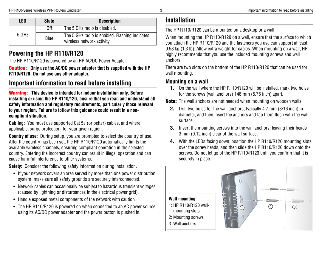 HP R100 VPN Router manual Powering the HP R110/R120, Important information to read before installing, Installation 