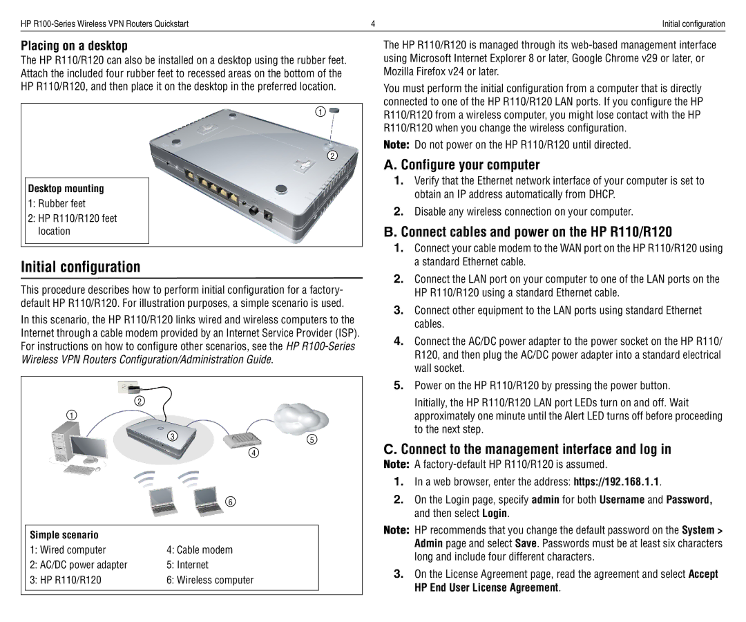 HP R100 VPN Router manual Initial configuration, Configure your computer, Connect cables and power on the HP R110/R120 