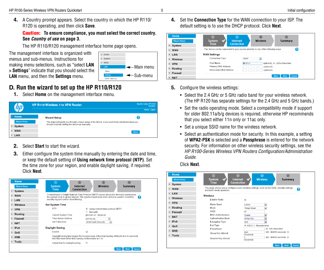 HP R100 VPN Router manual Run the wizard to set up the HP R110/R120 