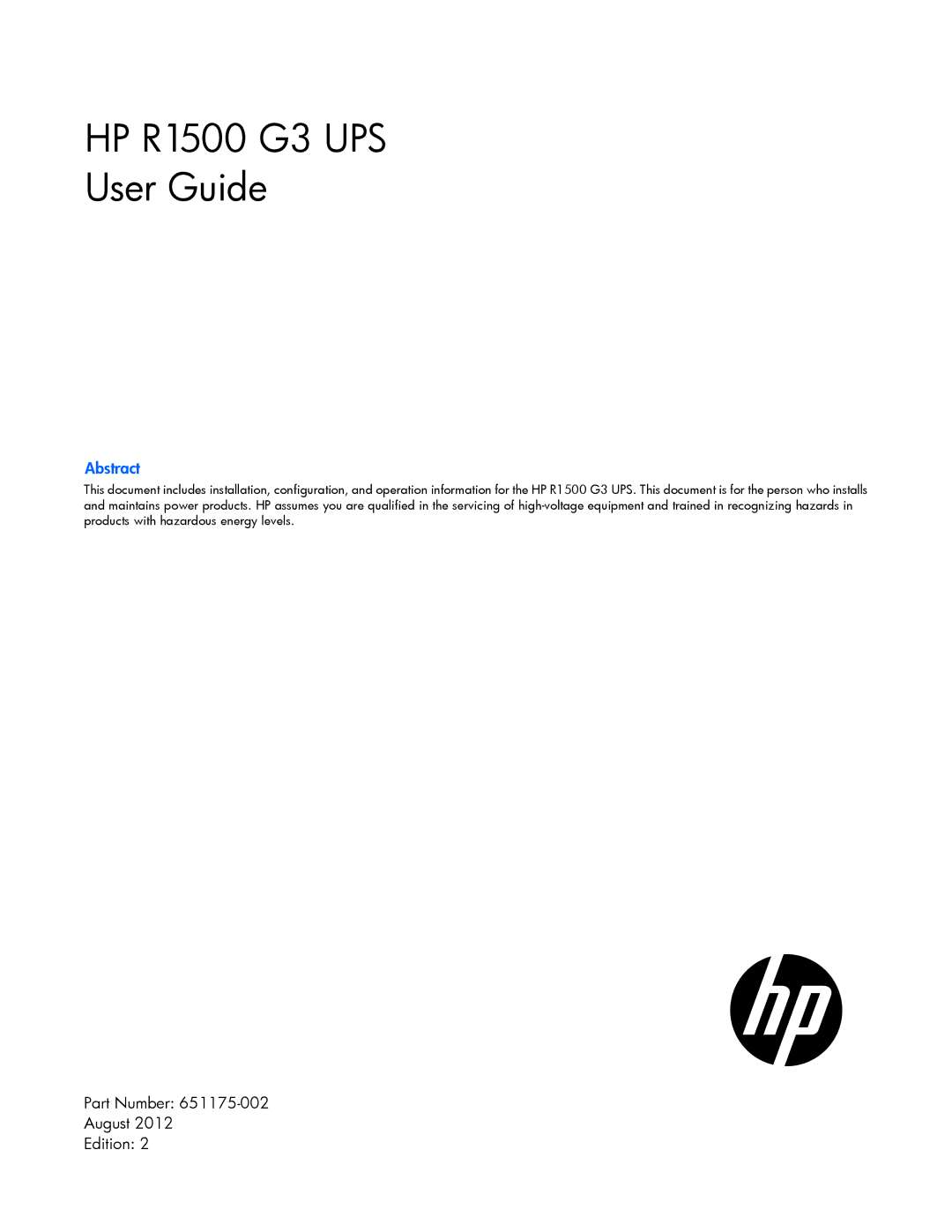 HP manual HP R1500 G3 UPS User Guide, Part Number August Edition 