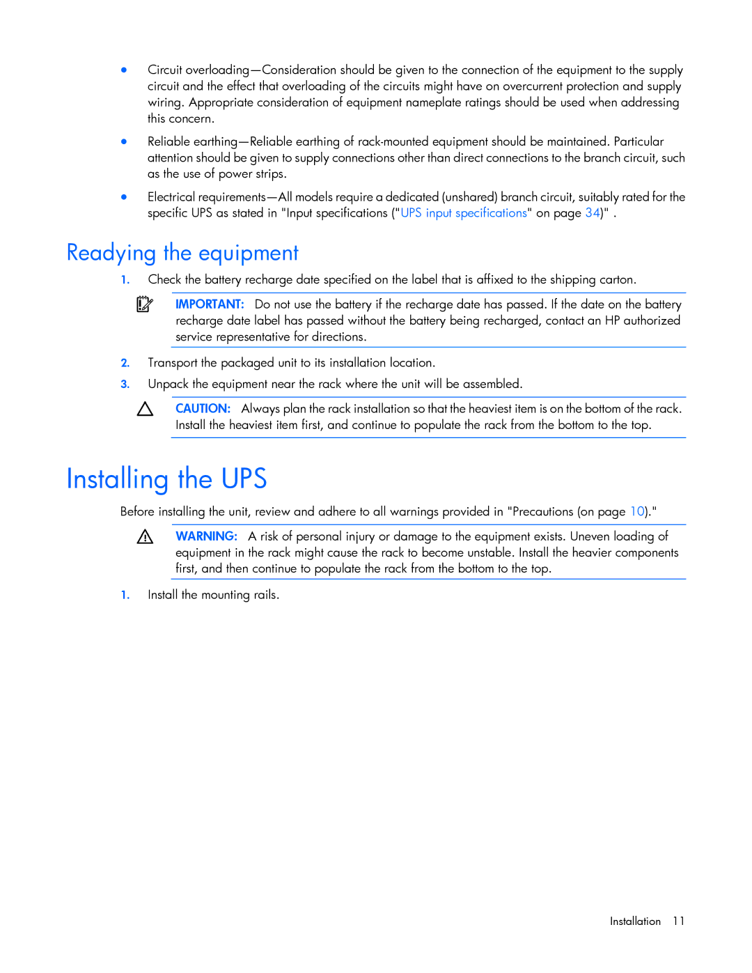 HP R1500 G3 UPS manual Installing the UPS, Readying the equipment 