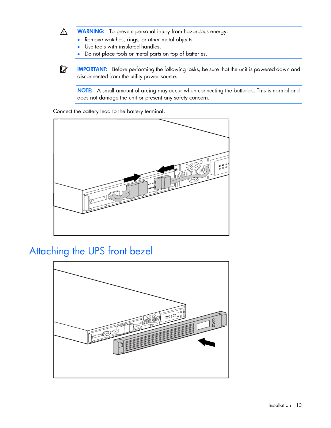 HP R1500 G3 UPS manual Attaching the UPS front bezel 