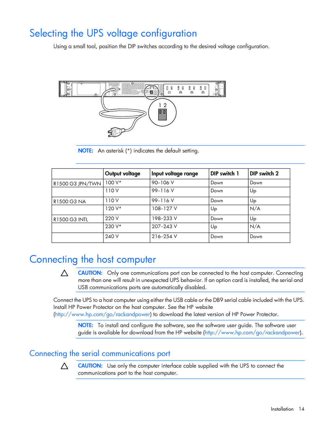 HP R1500 G3 UPS manual Selecting the UPS voltage configuration, Connecting the host computer 