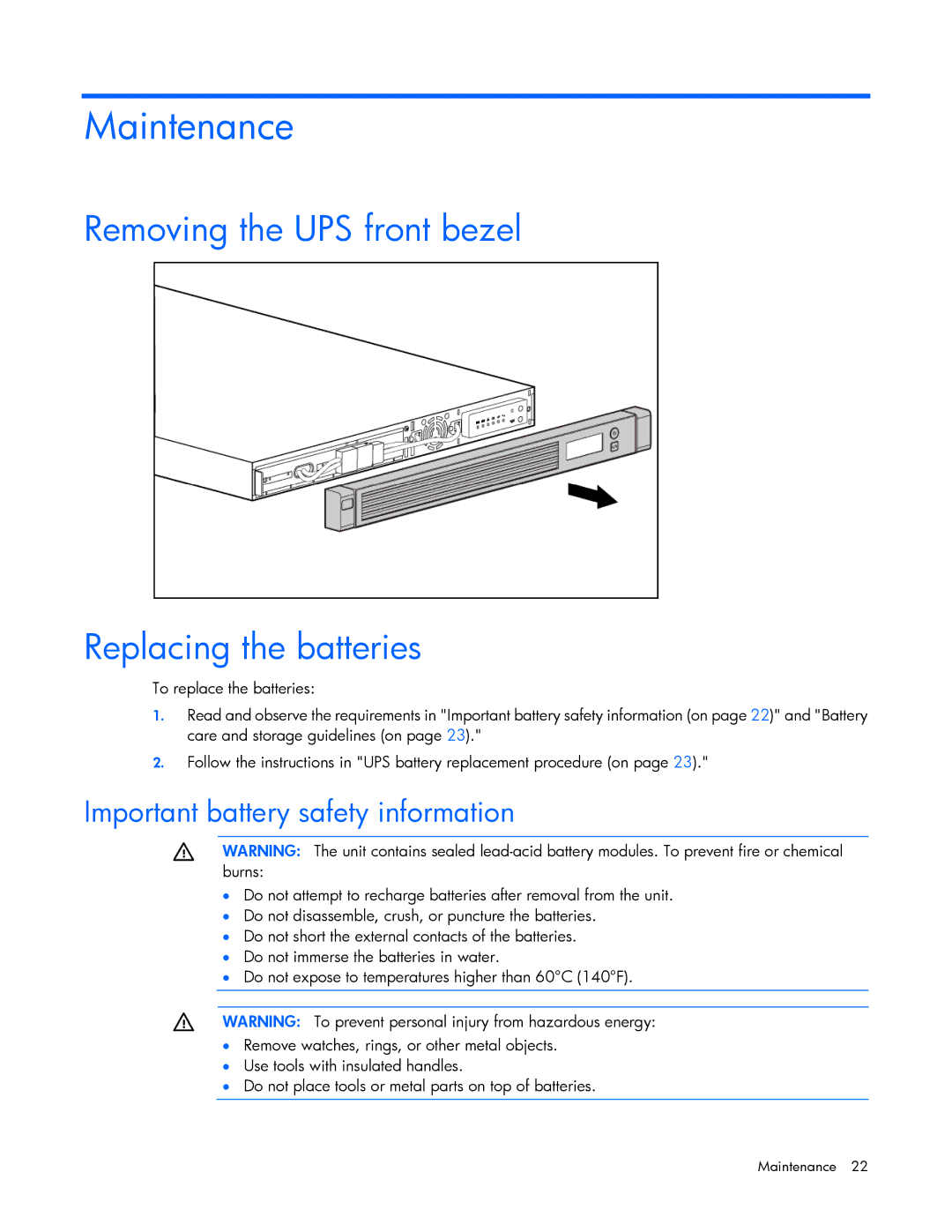 HP R1500 G3 UPS Maintenance, Removing the UPS front bezel Replacing the batteries, Important battery safety information 